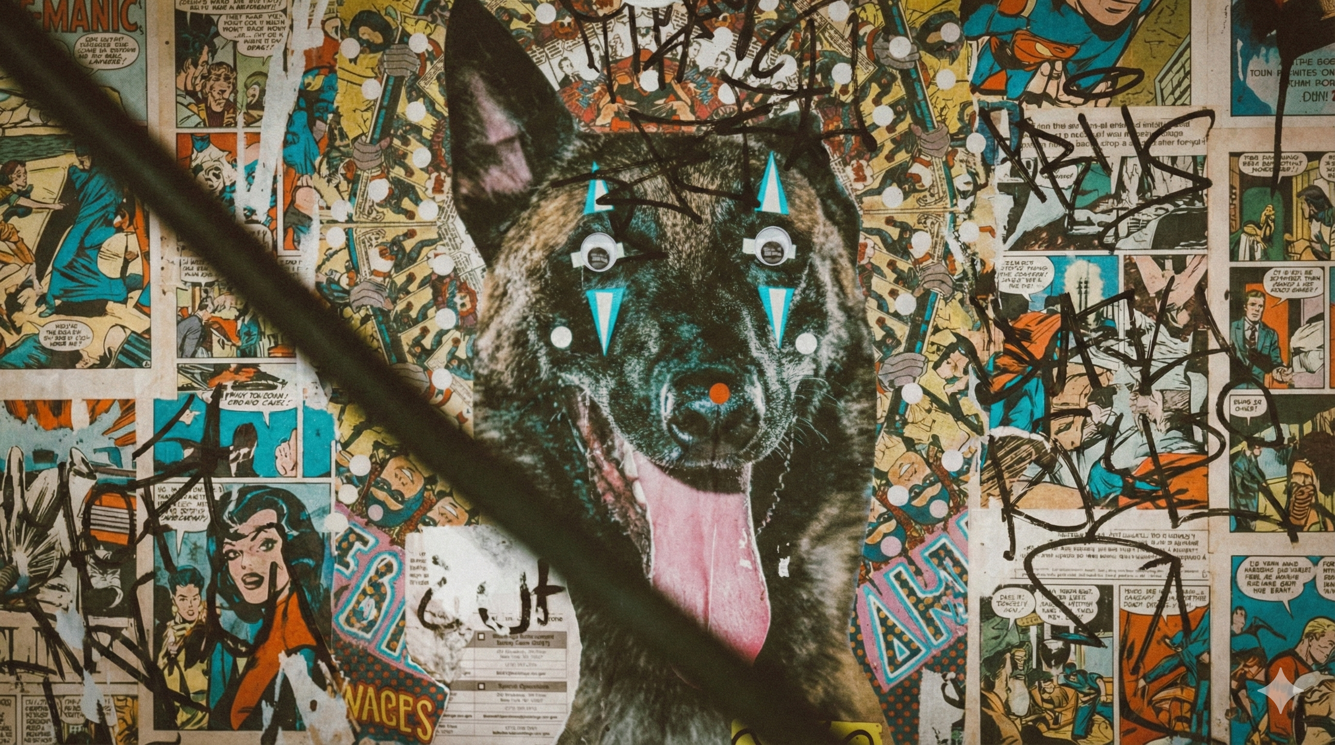 Künstlerische Street-Art-Collage eines Hundes mit aufgeklebten Wackelaugen und Comic-Hintergrund