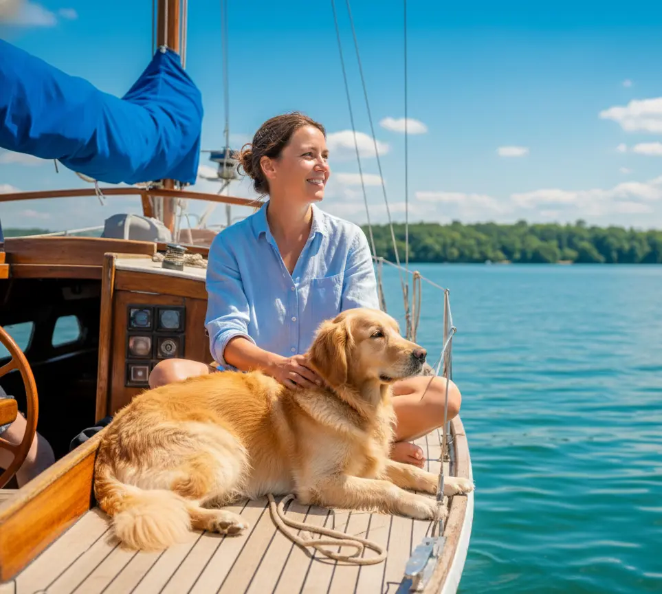 Wolfsteam 3er Paket. Glückliche Frau mit Hund auf Yacht